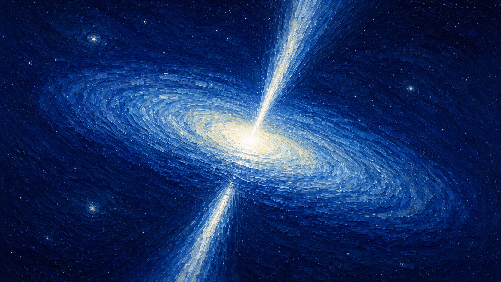 A painted spiral of deep blue with light streaming from its center