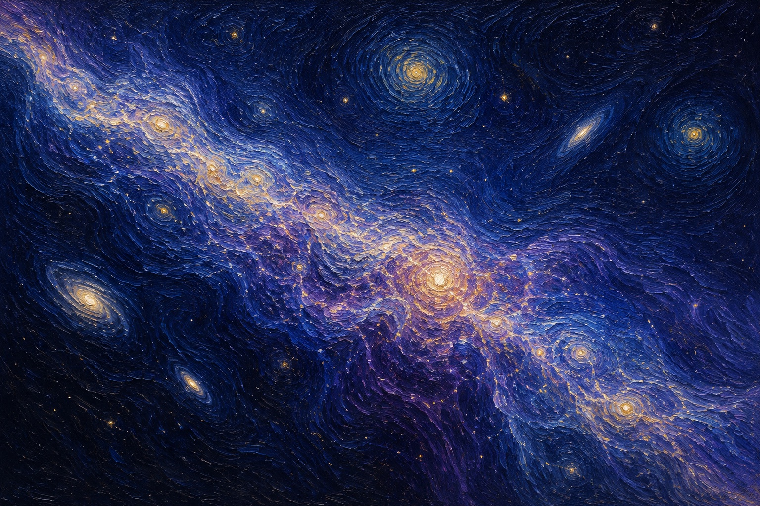 A painted field of spiral galaxies in deep blue, violet and gold