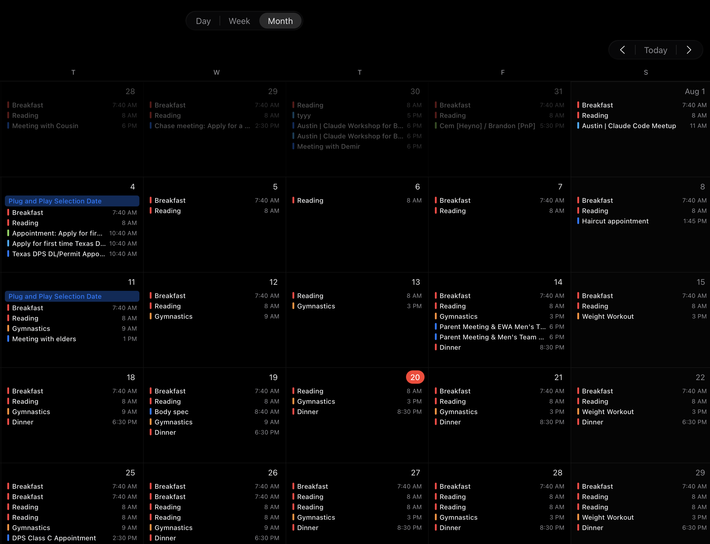 Heyno calendar month view, dark mode