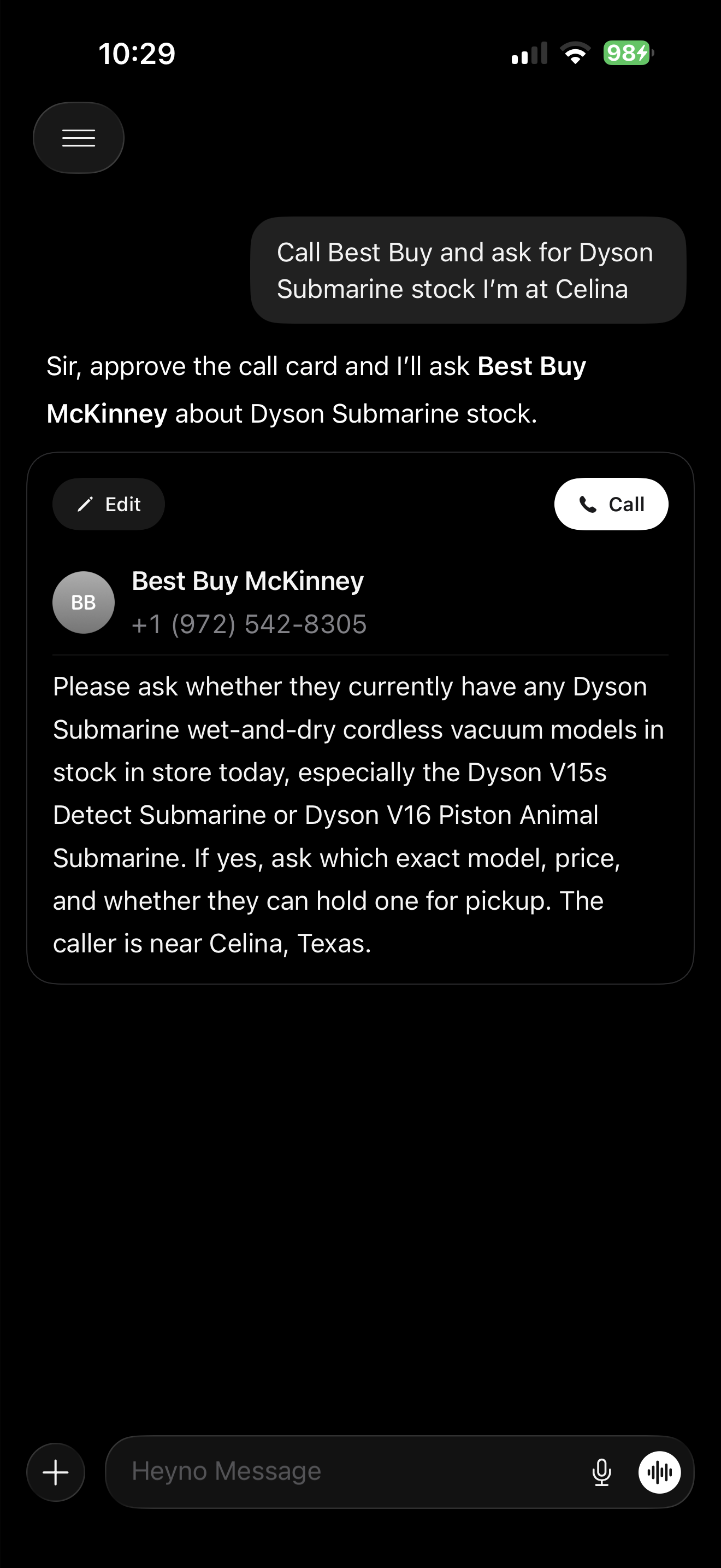 Asking the assistant to place a call, dark mode