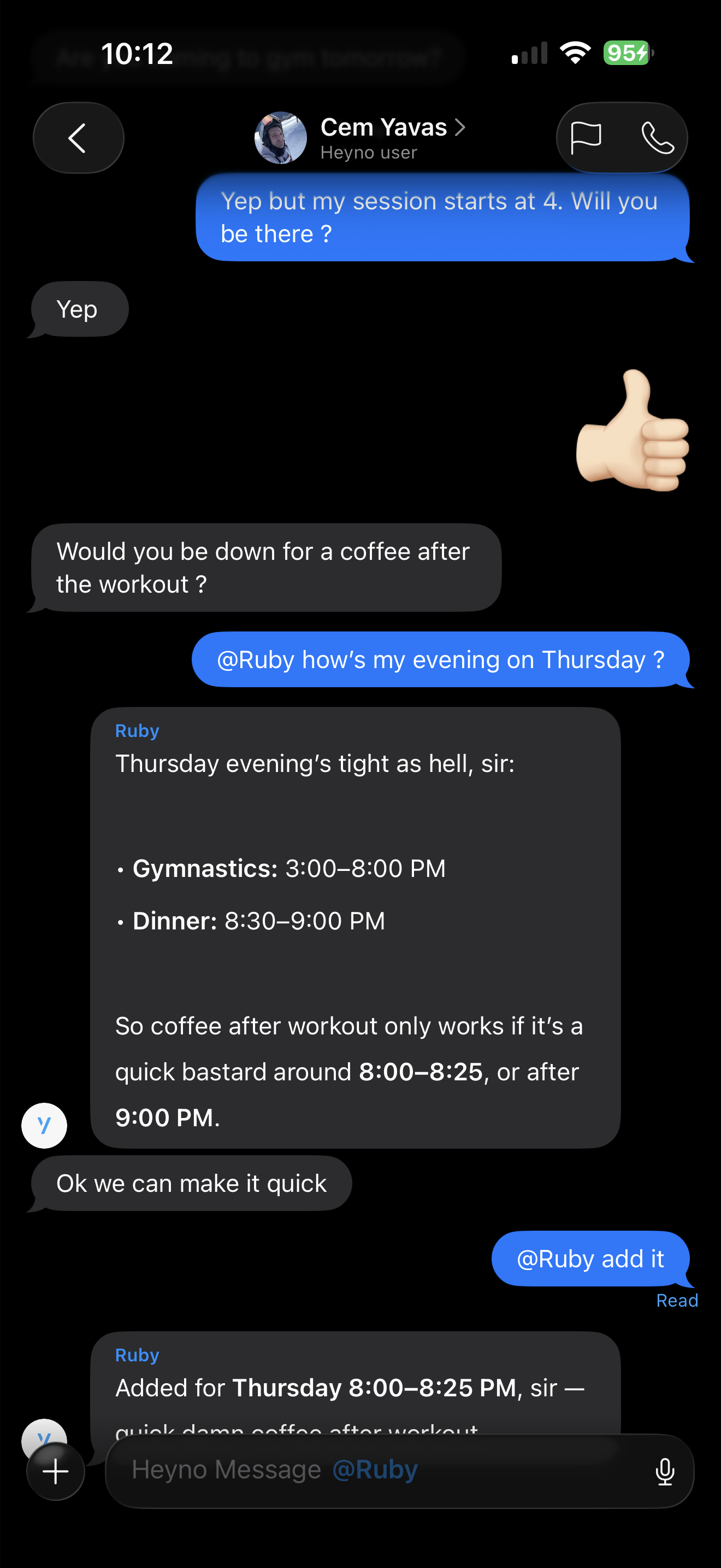 A chat where Ruby answers with your calendar, dark mode