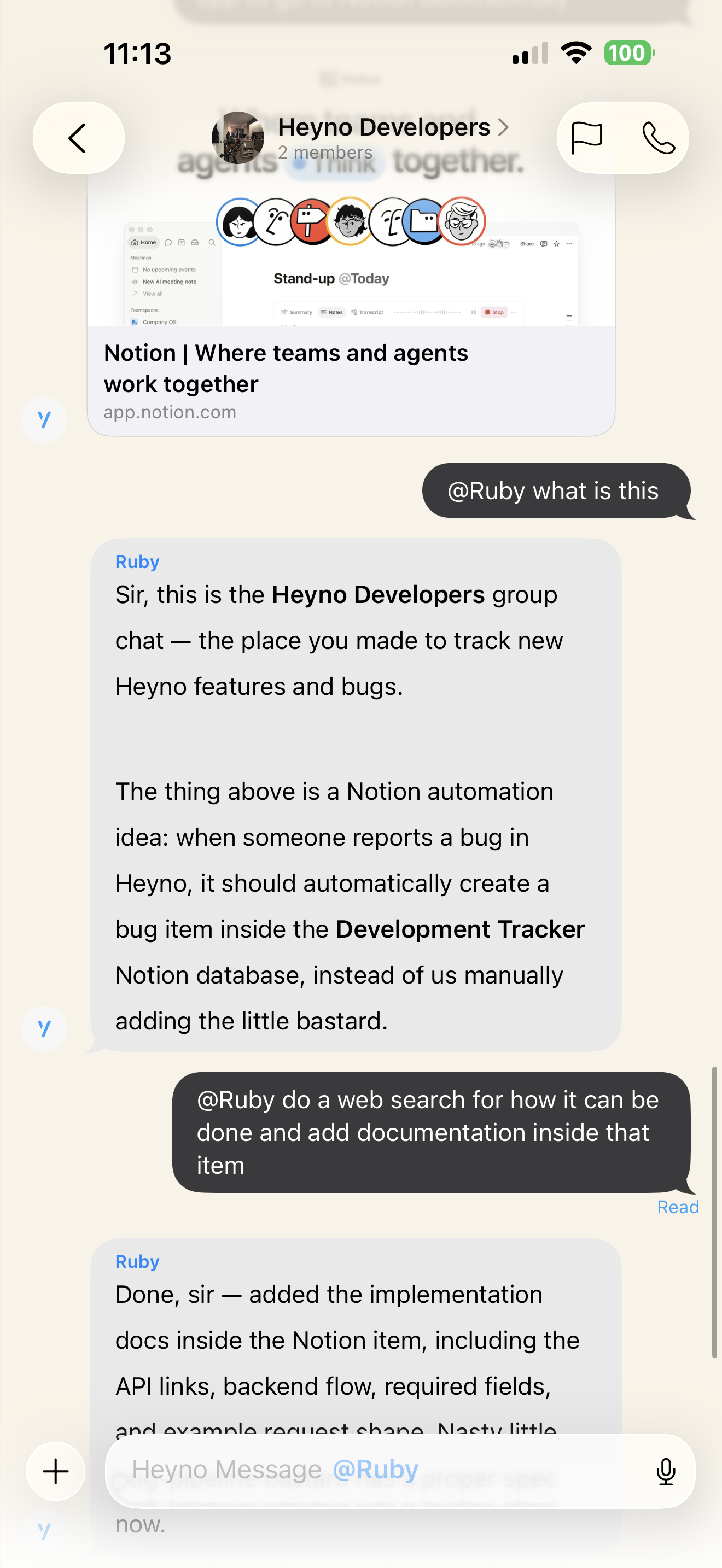 Ruby explaining a shared link in the group