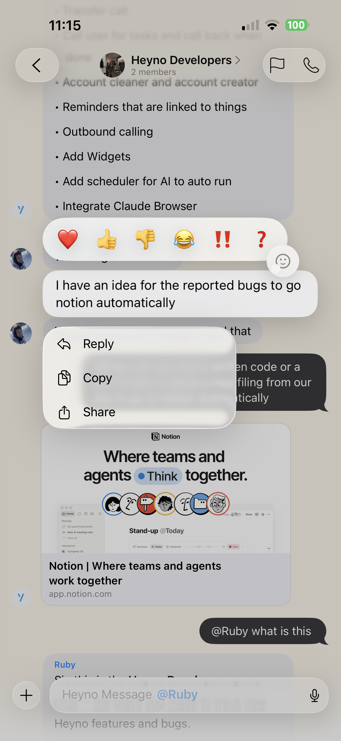 Reactions and message actions in a Heyno chat