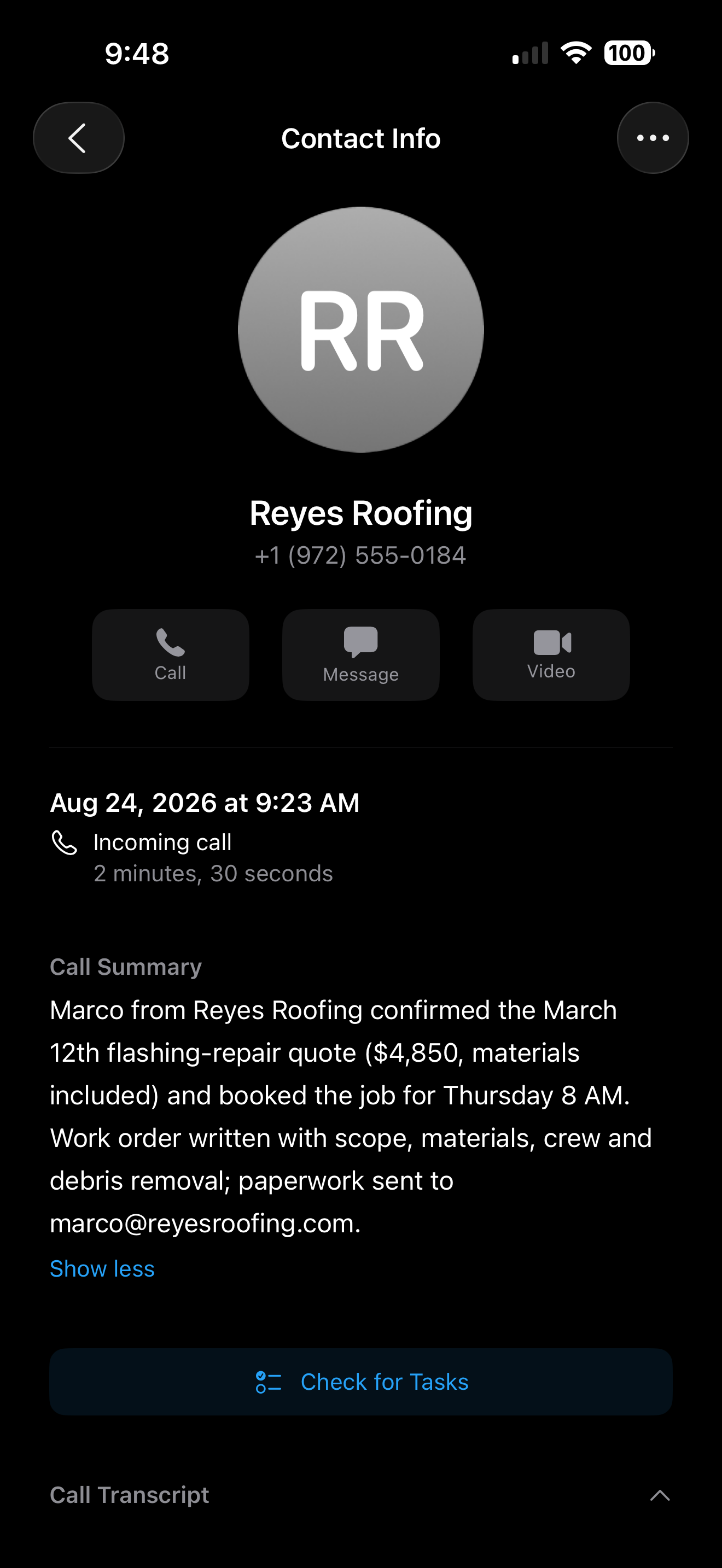 The call summary and transcript afterwards, dark mode