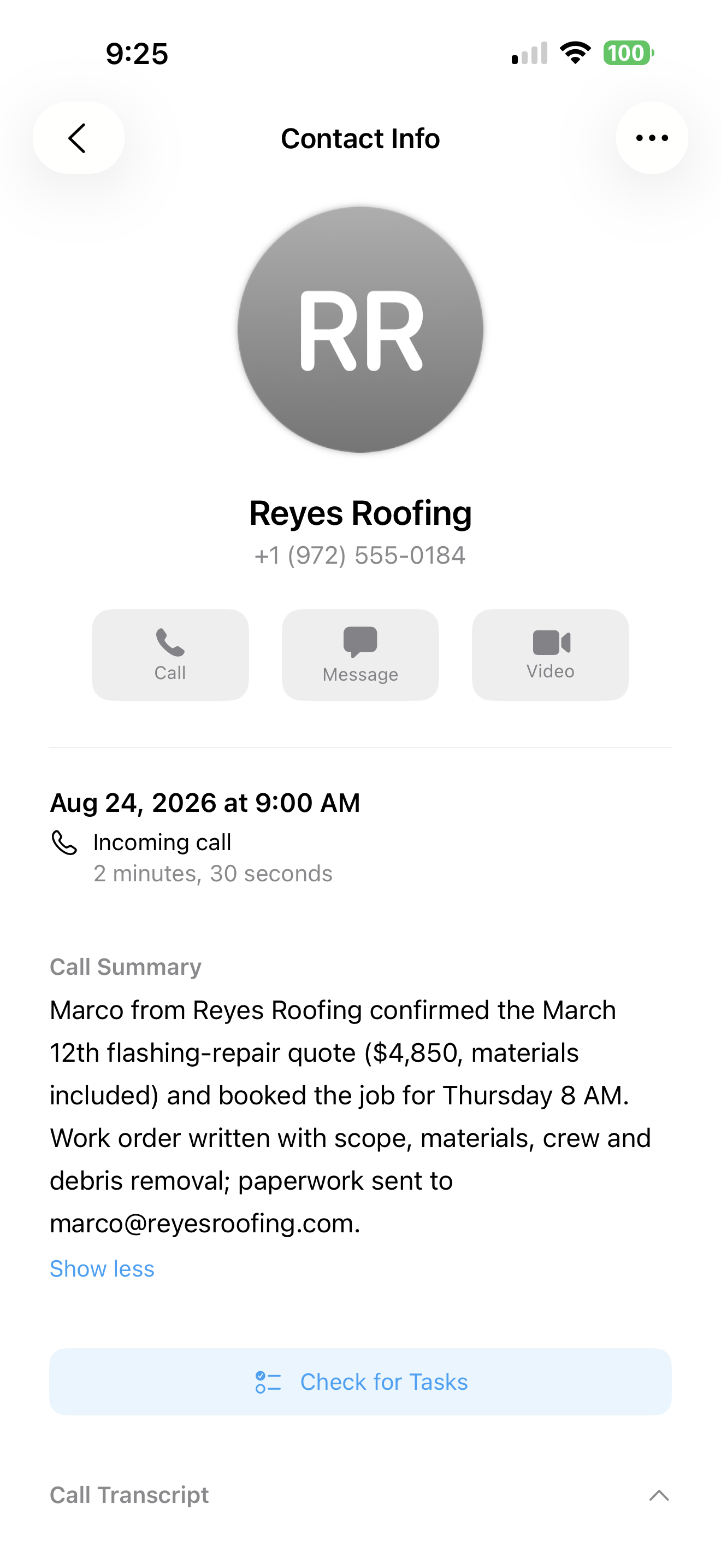 The call summary and transcript afterwards