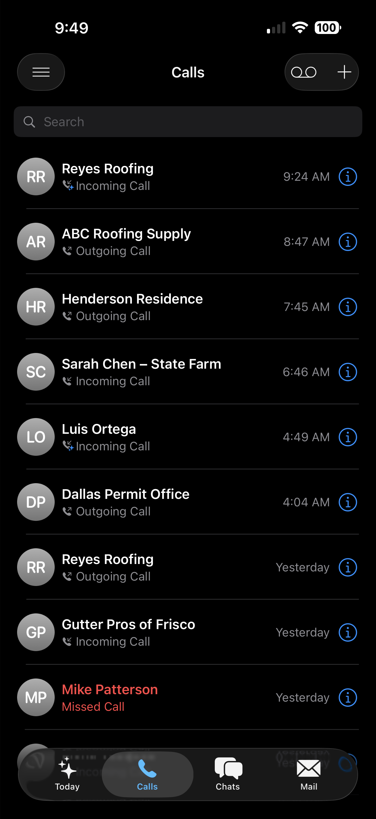 Recent calls, each one summarised, dark mode