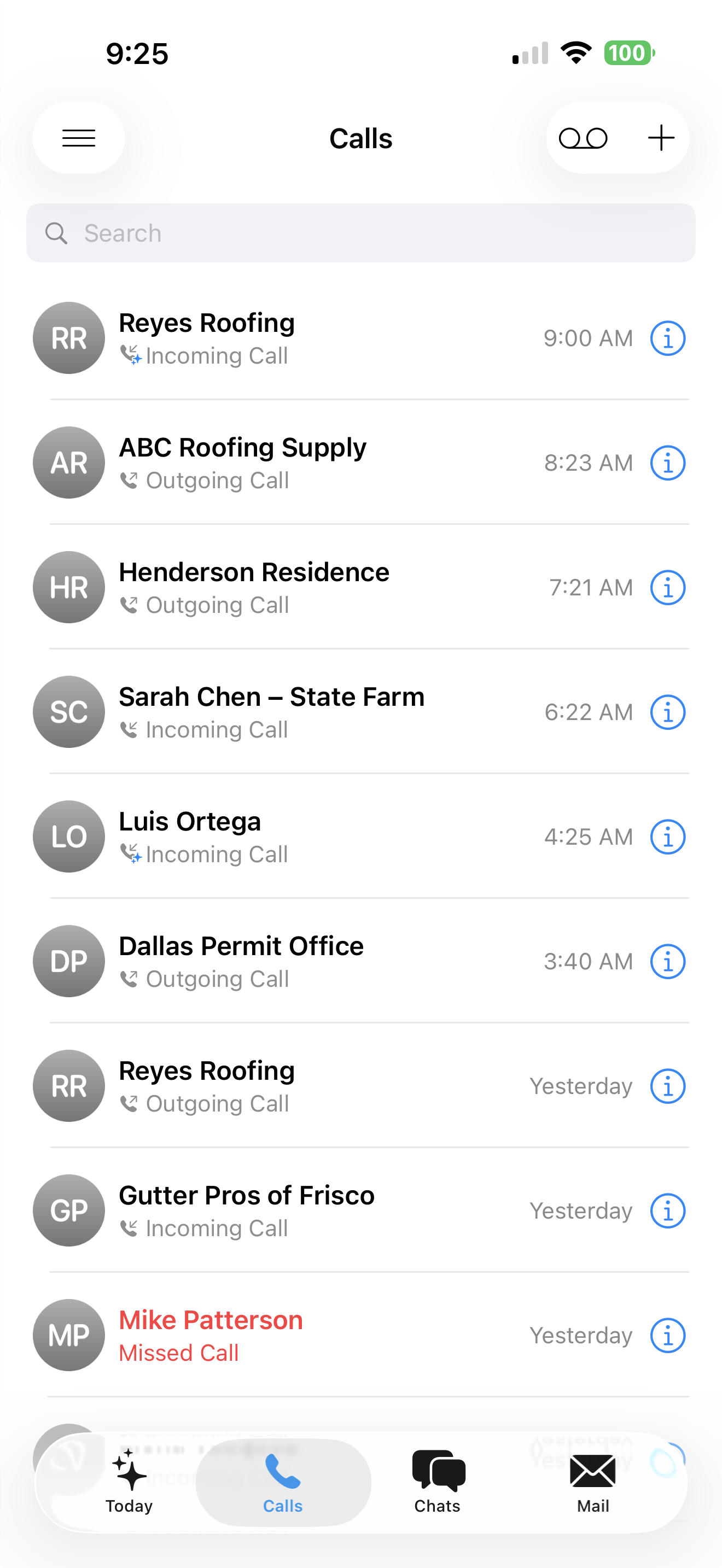 Recent calls, each one summarised