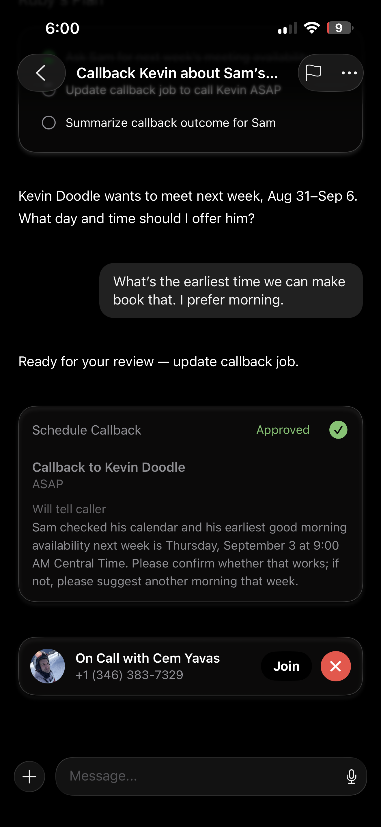 The callback approved and going out, dark mode