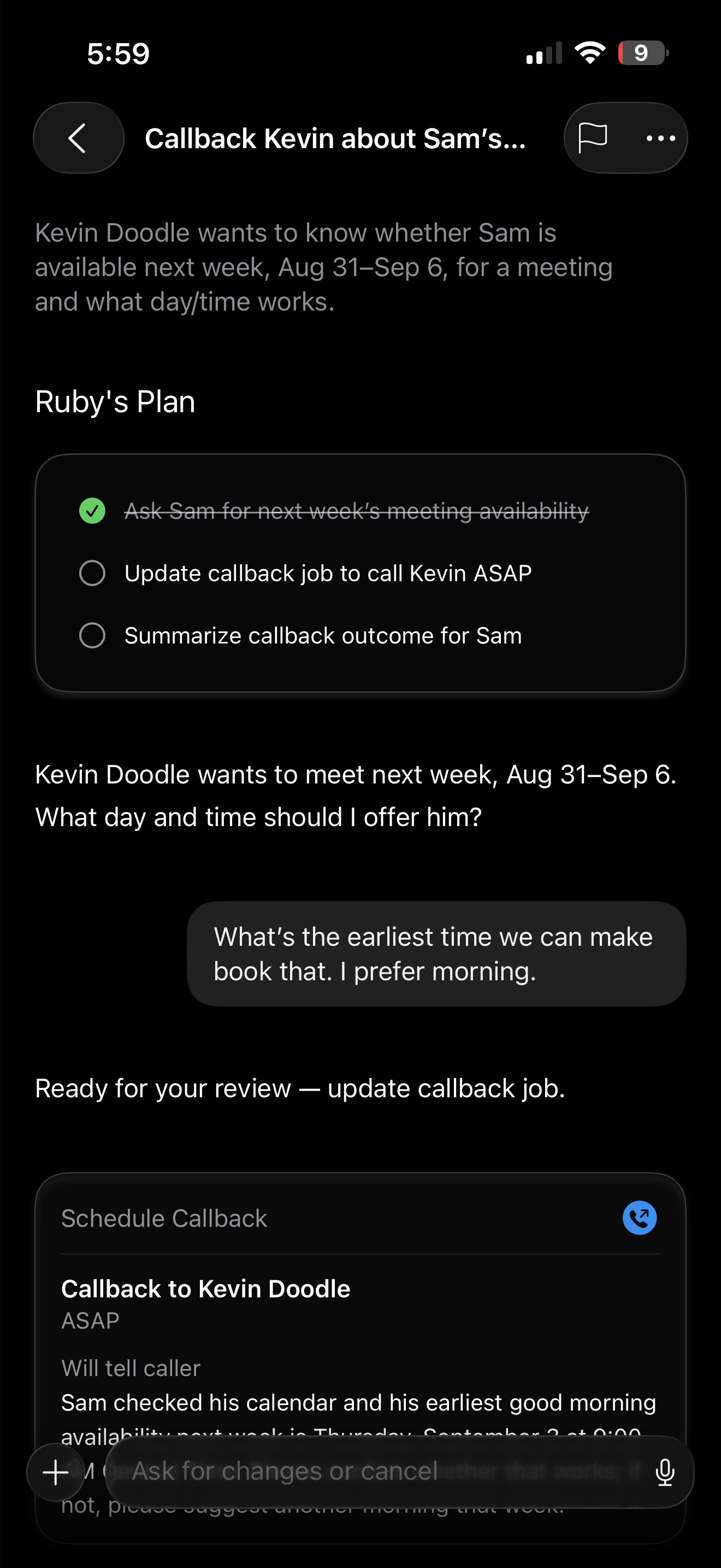 A callback drafted for your review, dark mode