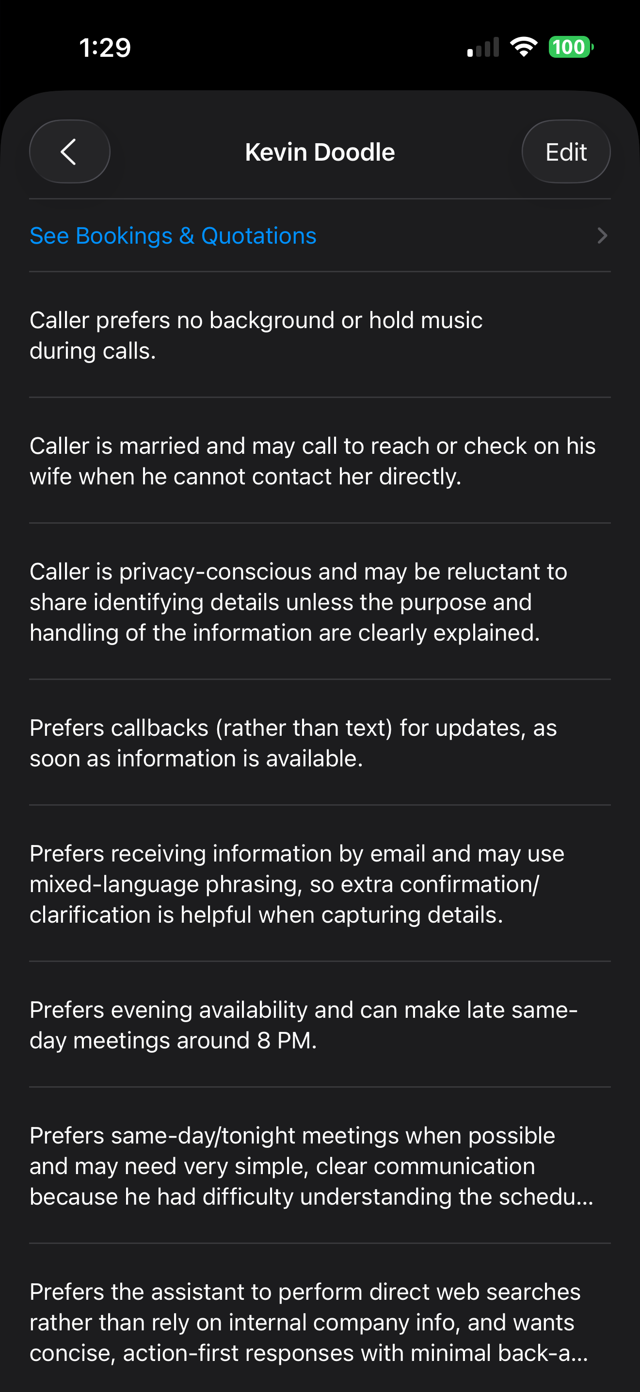 What your assistant remembers about a client, dark mode