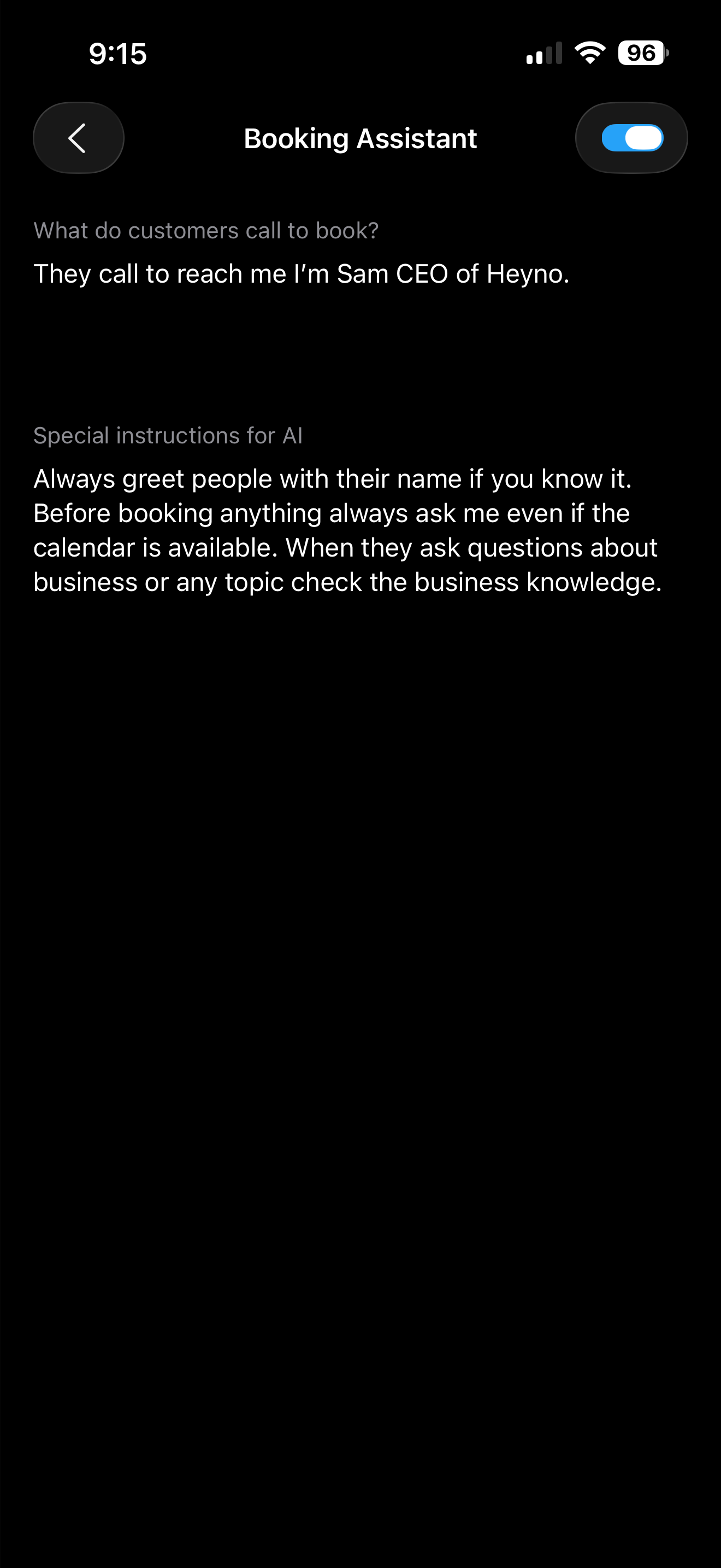 Heyno Frontdesk on iPhone, dark mode