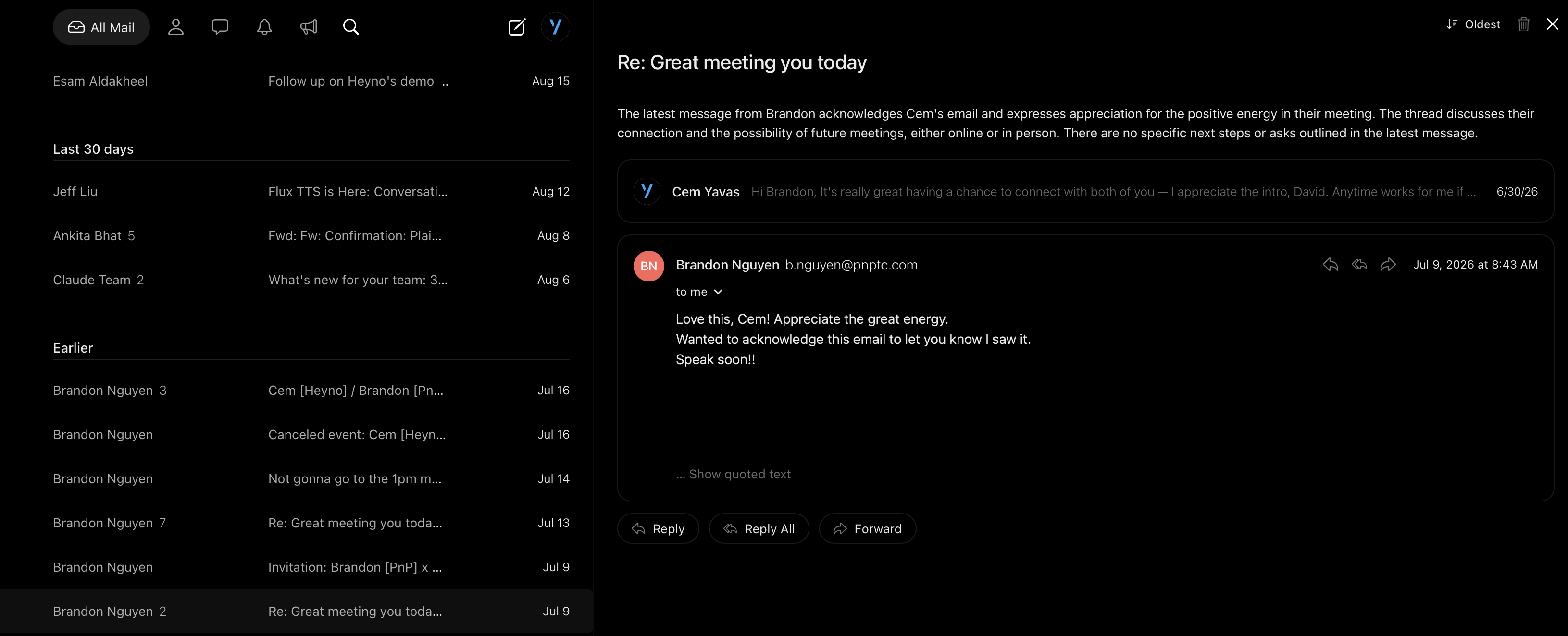 Heyno mail client, dark mode