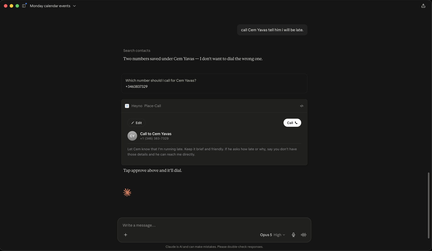 Heyno placing a call from inside a chat, with the approval card showing who is being called and why