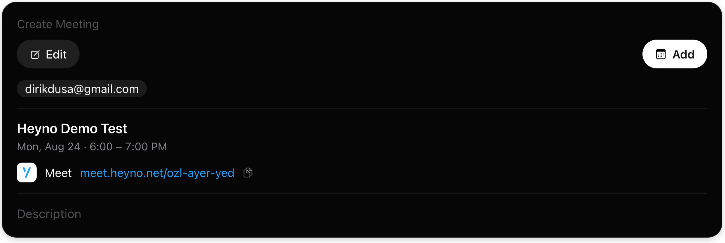 The meeting card Heyno creates, dark mode