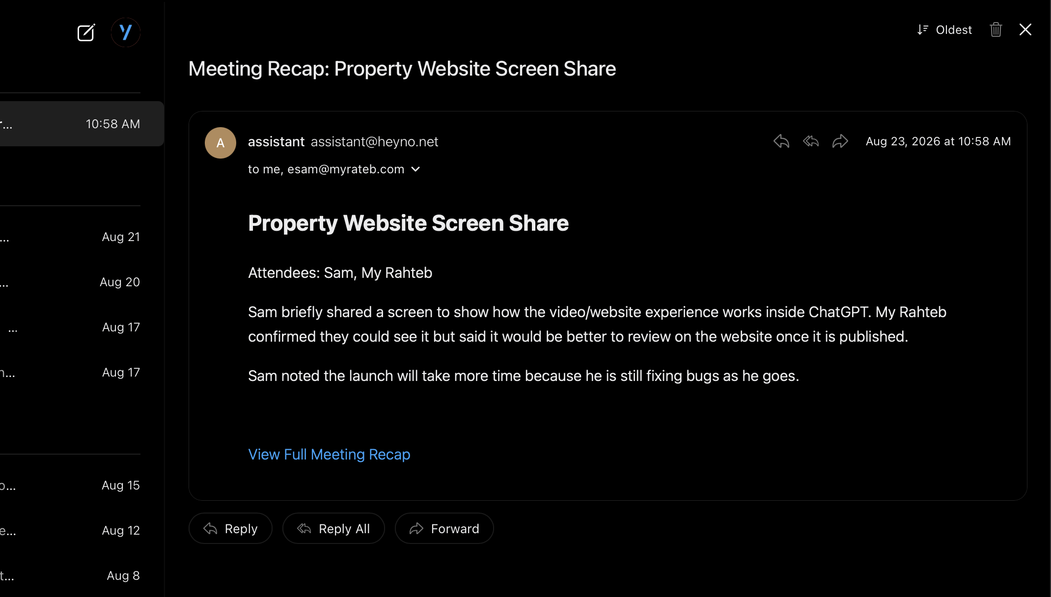 A meeting recap emailed after the call, dark mode