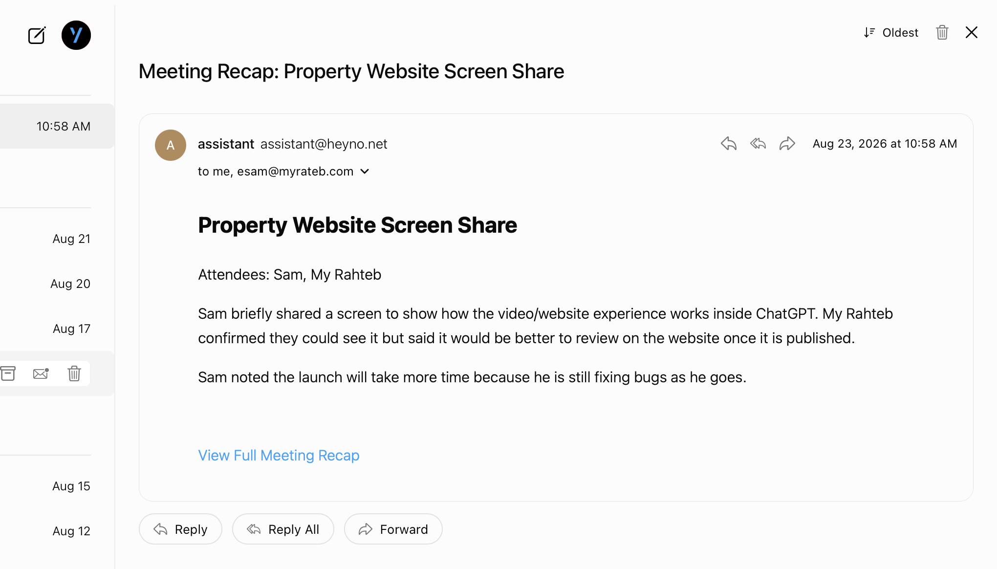 A meeting recap emailed after the call