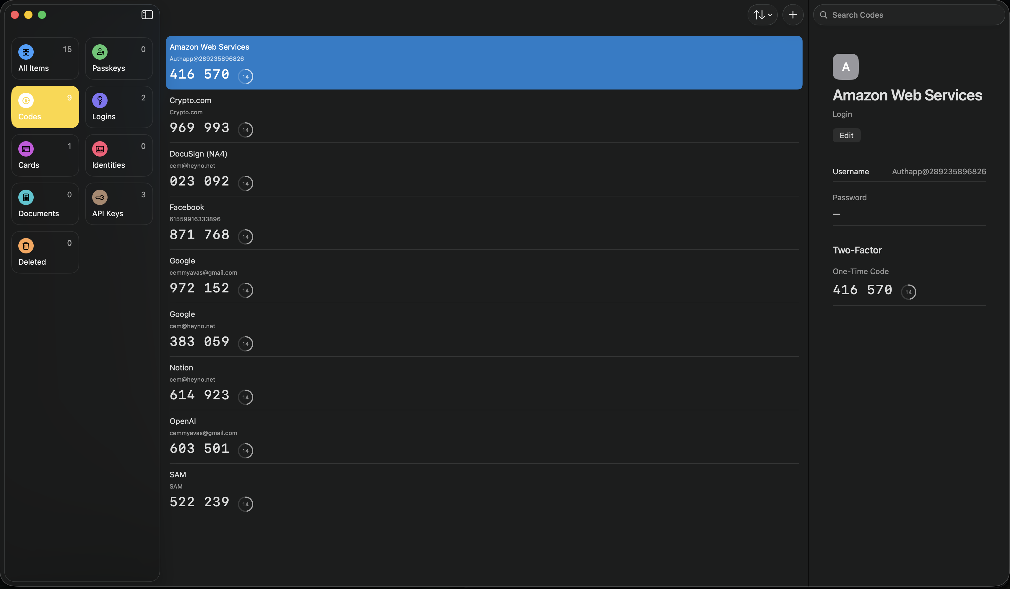One-time codes stored next to their logins in Heyno Passwords, dark mode