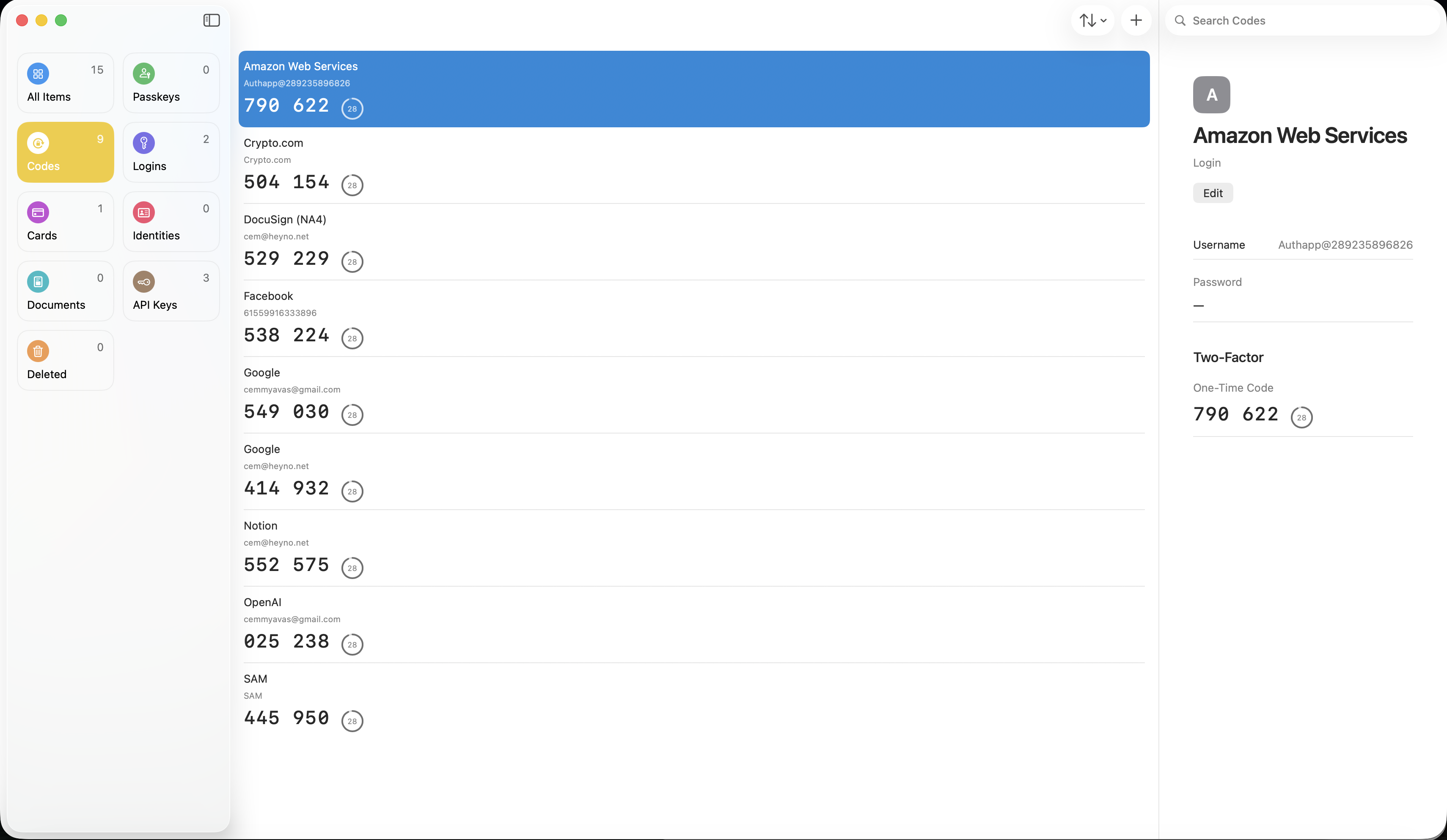 One-time codes stored next to their logins in Heyno Passwords