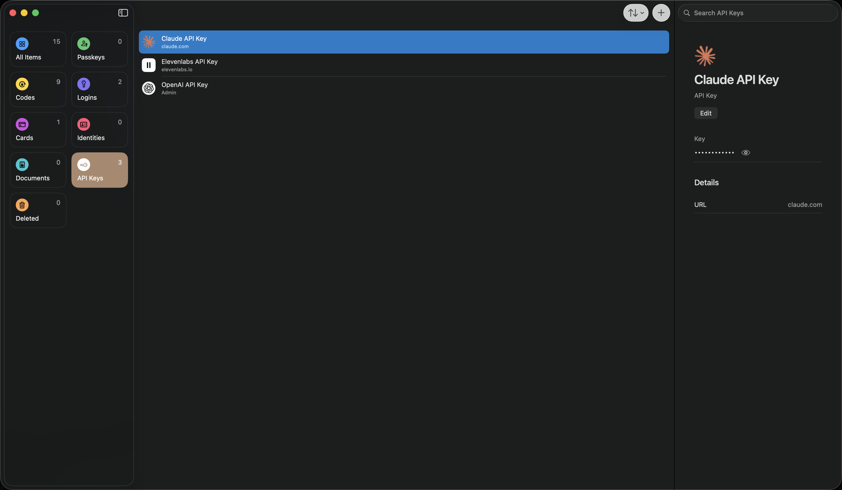 API keys kept in the vault, masked until you reveal them, dark mode