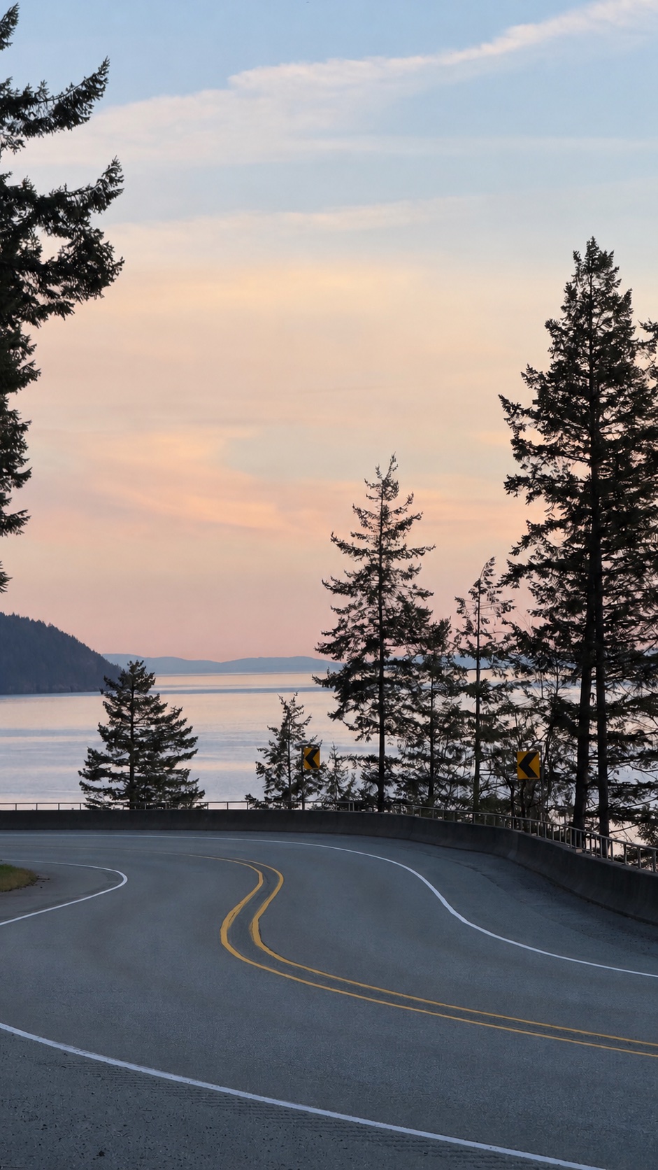 A coastal highway curving between pines and open water at dusk