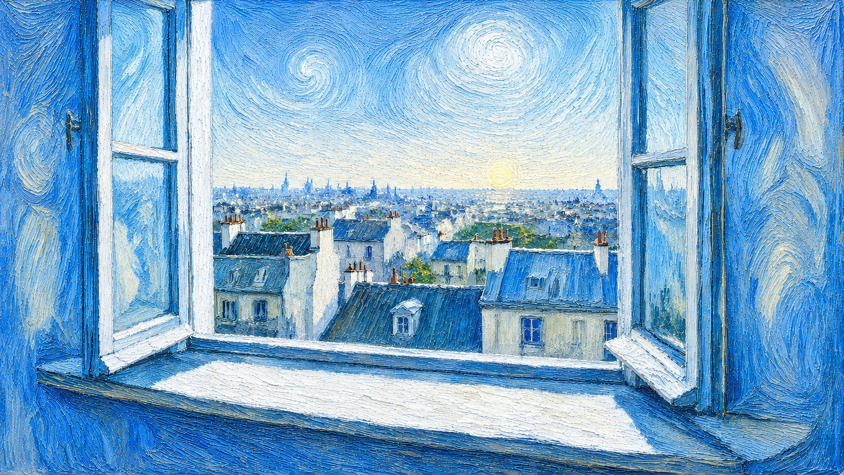 An open window over rooftops at sunrise