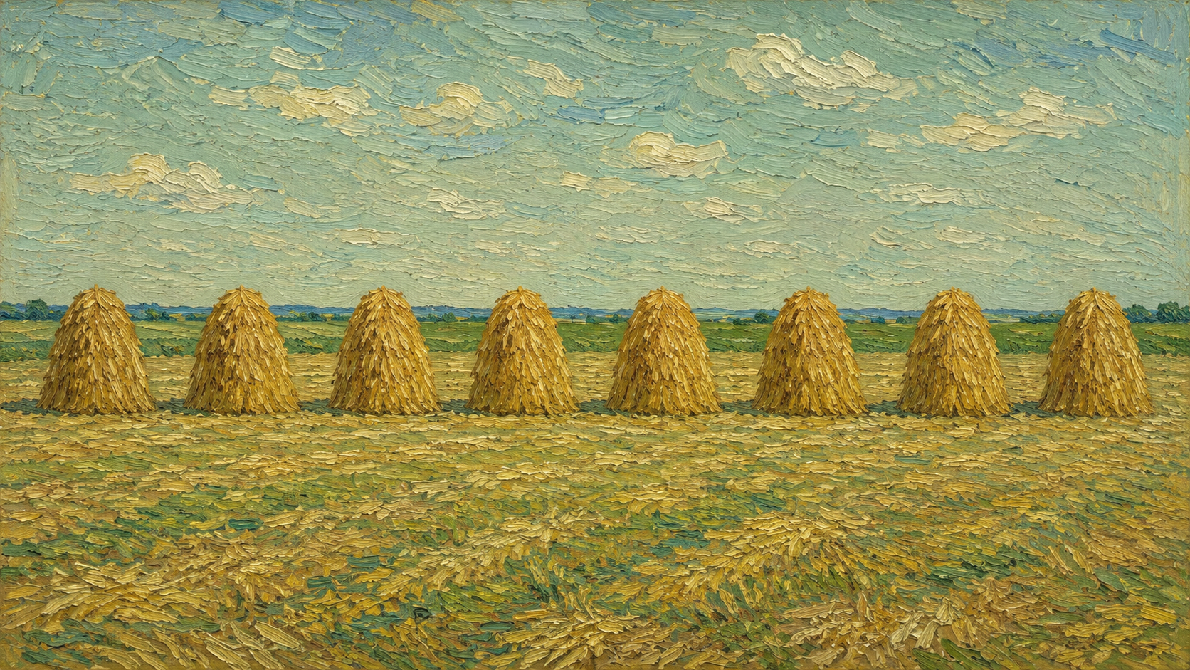 A row of haystacks standing evenly across a field