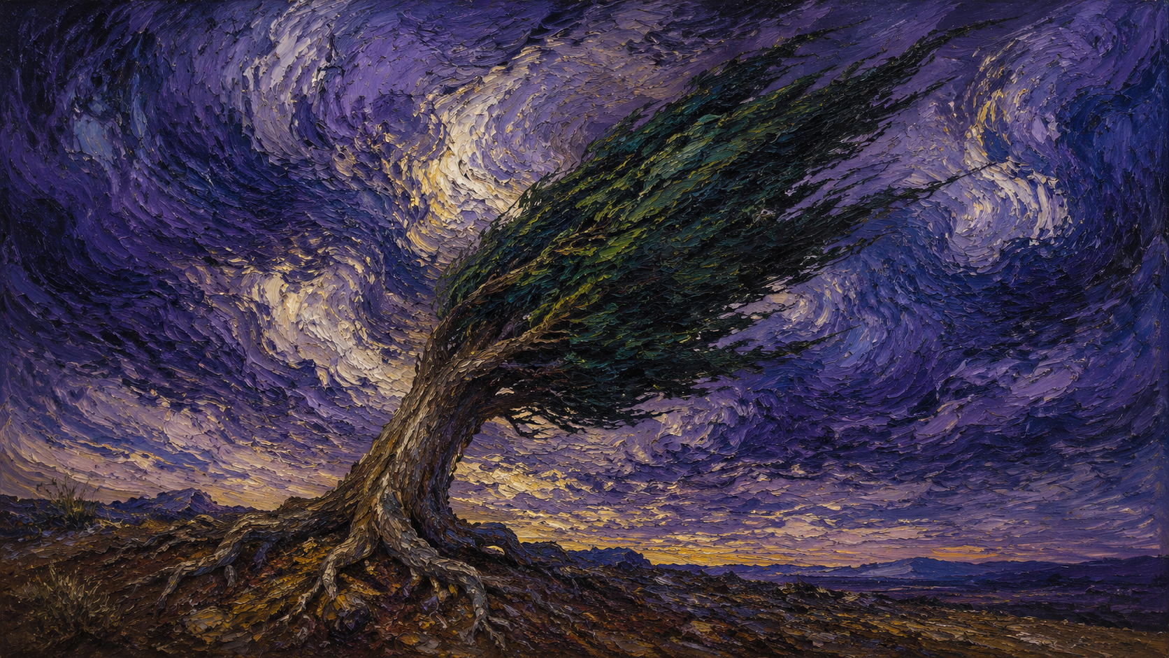 A cypress bent by wind under a violet sky