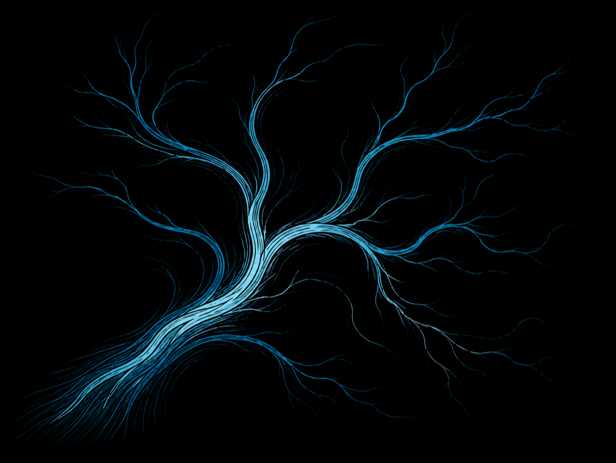 A branching network of glowing blue filaments