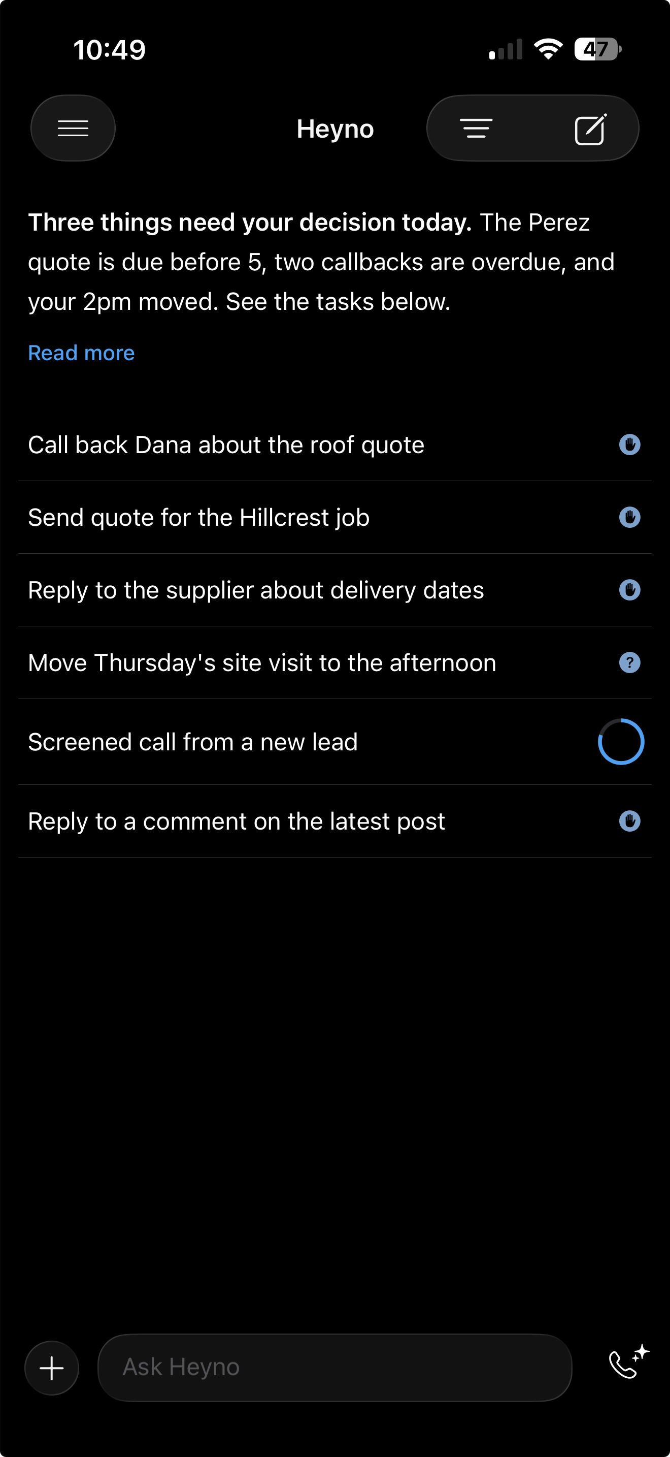 Heyno task list, dark mode